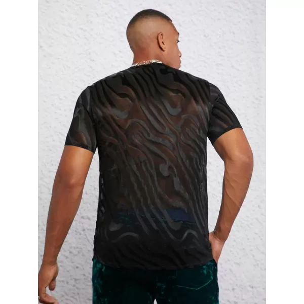 WDIRARA Men's Floral Print See Through Round Neck Short Sleeve Mesh Tshirt Party Top