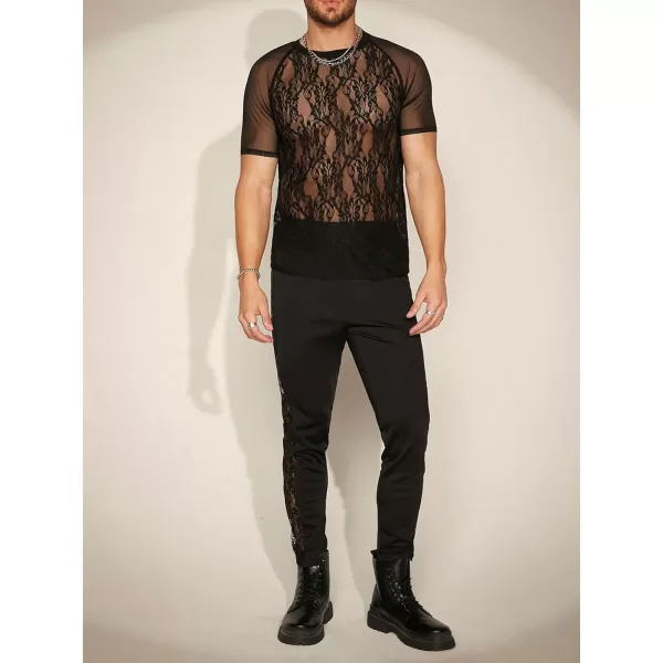 WDIRARA Men's Floral Print See Through Round Neck Short Sleeve Mesh Tshirt Party Top
