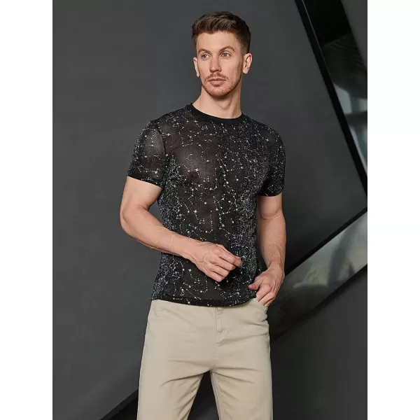 WDIRARA Men's Floral Print See Through Round Neck Short Sleeve Mesh Tshirt Party Top