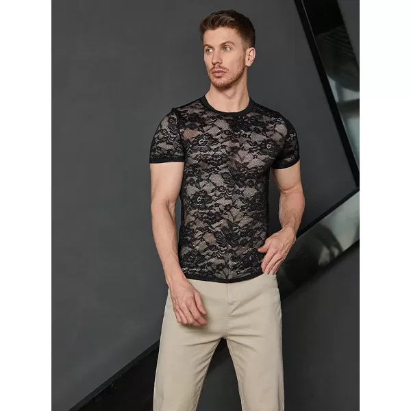 WDIRARA Men's Floral Print See Through Round Neck Short Sleeve Mesh Tshirt Party Top