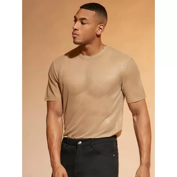 WDIRARA Men's Floral Print See Through Round Neck Short Sleeve Mesh Tshirt Party Top