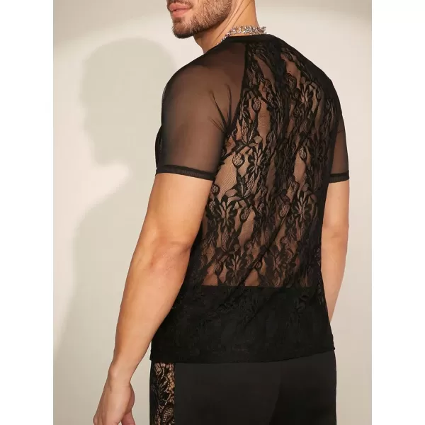 WDIRARA Men's Floral Print See Through Round Neck Short Sleeve Mesh Tshirt Party Top