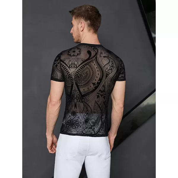 WDIRARA Men's Floral Print See Through Round Neck Short Sleeve Mesh Tshirt Party Top