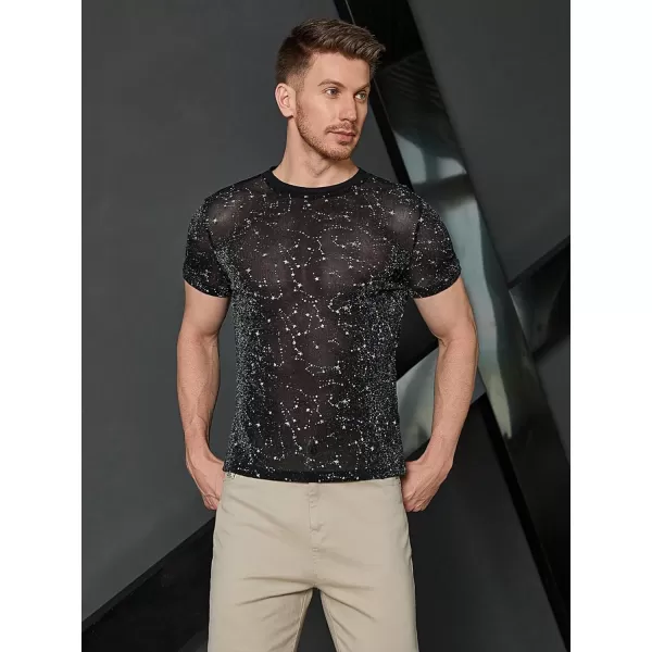 WDIRARA Men's Floral Print See Through Round Neck Short Sleeve Mesh Tshirt Party Top