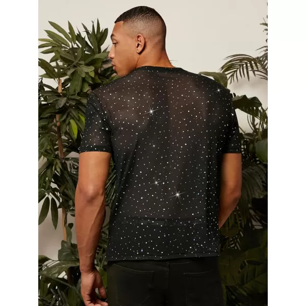 WDIRARA Men's Floral Print See Through Round Neck Short Sleeve Mesh Tshirt Party Top