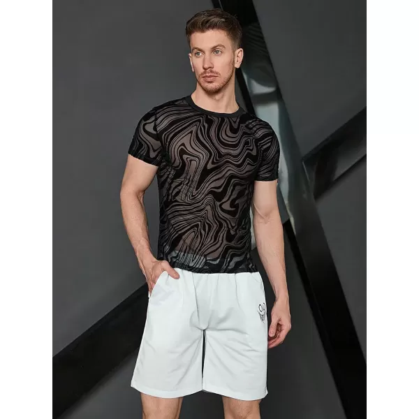 WDIRARA Men's Floral Print See Through Round Neck Short Sleeve Mesh Tshirt Party Top