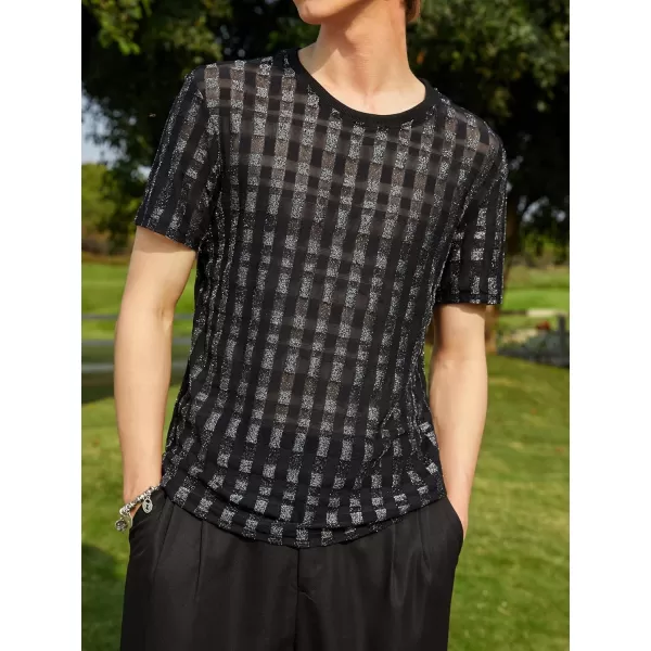 WDIRARA Men's Floral Print See Through Round Neck Short Sleeve Mesh Tshirt Party Top