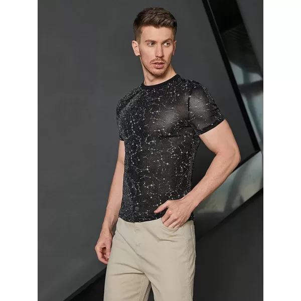 WDIRARA Men's Floral Print See Through Round Neck Short Sleeve Mesh Tshirt Party Top