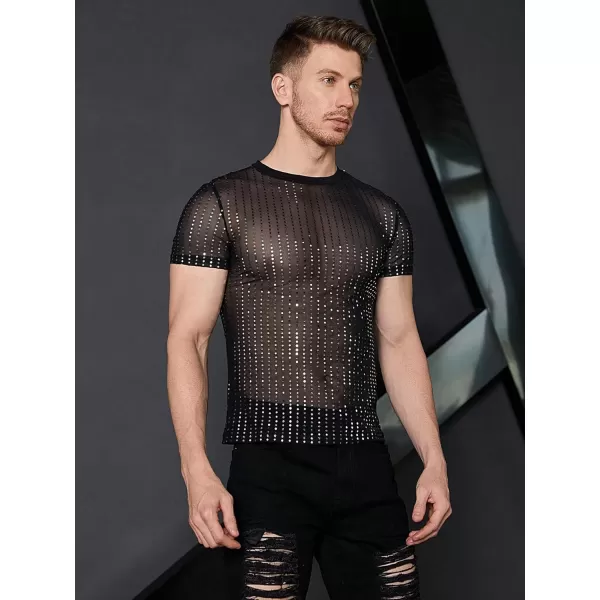 WDIRARA Men's Floral Print See Through Round Neck Short Sleeve Mesh Tshirt Party Top