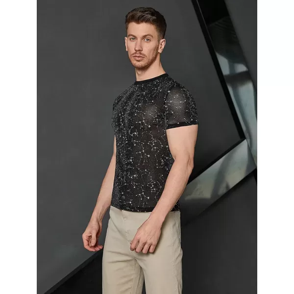 WDIRARA Men's Floral Print See Through Round Neck Short Sleeve Mesh Tshirt Party Top