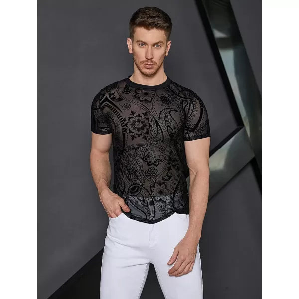WDIRARA Men's Floral Print See Through Round Neck Short Sleeve Mesh Tshirt Party Top