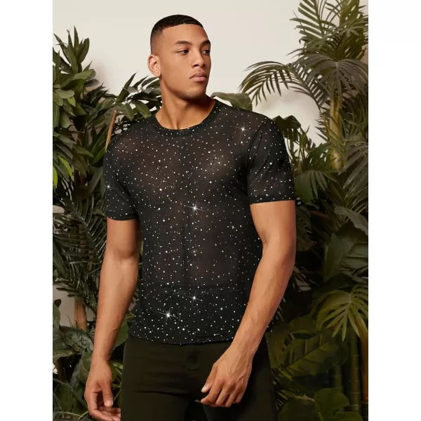 WDIRARA Men's Floral Print See Through Round Neck Short Sleeve Mesh Tshirt Party Top