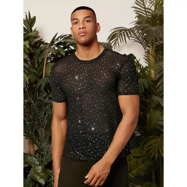 WDIRARA Men's Floral Print See Through Round Neck Short Sleeve Mesh Tshirt Party Top