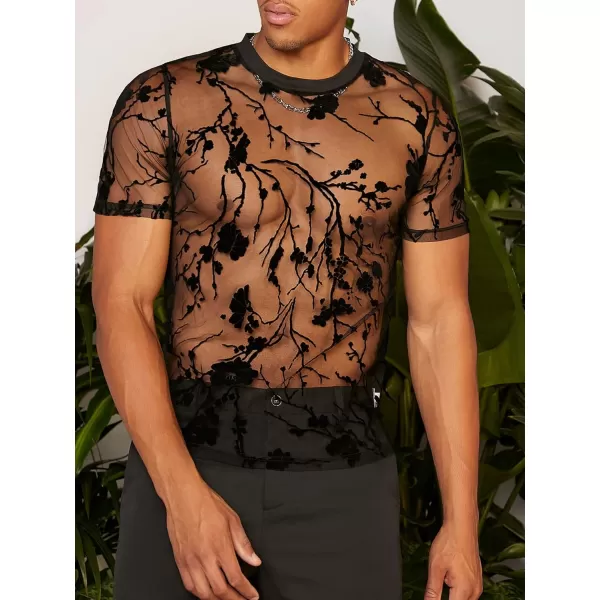 WDIRARA Men's Floral Print See Through Round Neck Short Sleeve Mesh Tshirt Party Top