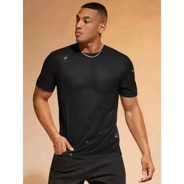 WDIRARA Men's Floral Print See Through Round Neck Short Sleeve Mesh Tshirt Party Top