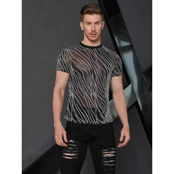 WDIRARA Men's Floral Print See Through Round Neck Short Sleeve Mesh Tshirt Party Top