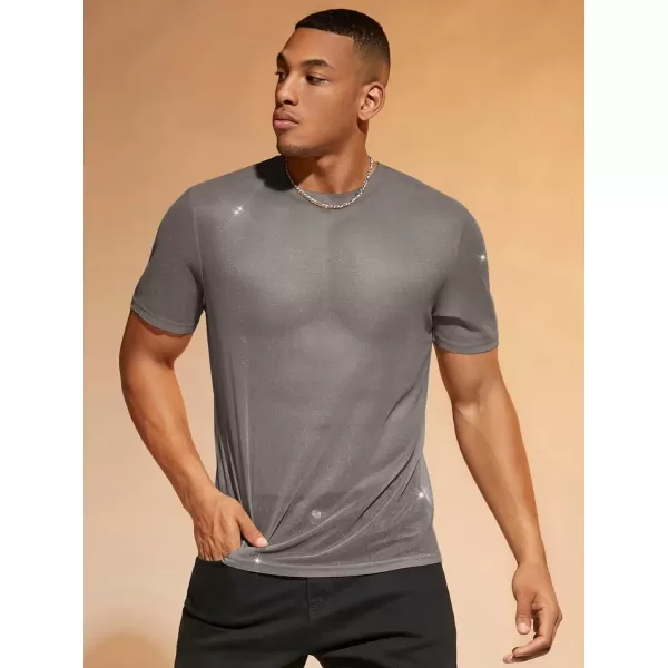 WDIRARA Men's Floral Print See Through Round Neck Short Sleeve Mesh Tshirt Party Top