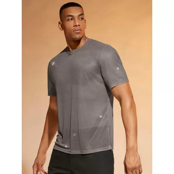 WDIRARA Men's Floral Print See Through Round Neck Short Sleeve Mesh Tshirt Party Top
