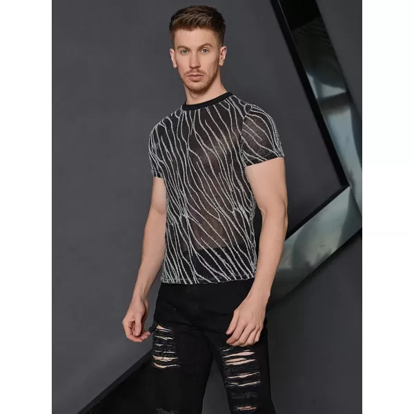 WDIRARA Men's Floral Print See Through Round Neck Short Sleeve Mesh Tshirt Party Top