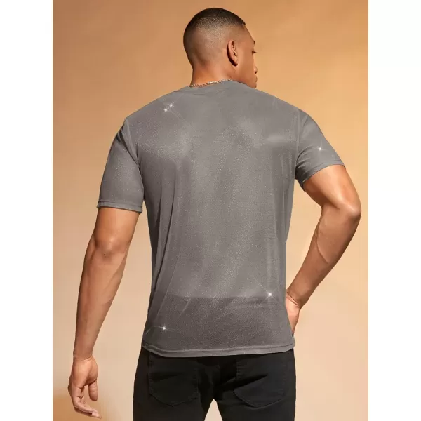 WDIRARA Men's Floral Print See Through Round Neck Short Sleeve Mesh Tshirt Party Top