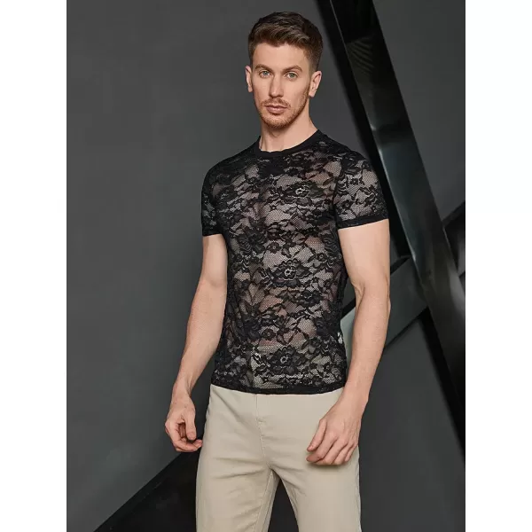 WDIRARA Men's Floral Print See Through Round Neck Short Sleeve Mesh Tshirt Party Top