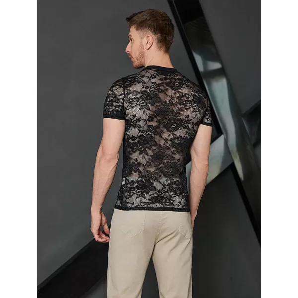 WDIRARA Men's Floral Print See Through Round Neck Short Sleeve Mesh Tshirt Party Top