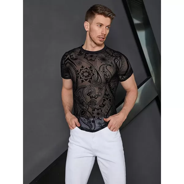 WDIRARA Men's Floral Print See Through Round Neck Short Sleeve Mesh Tshirt Party Top