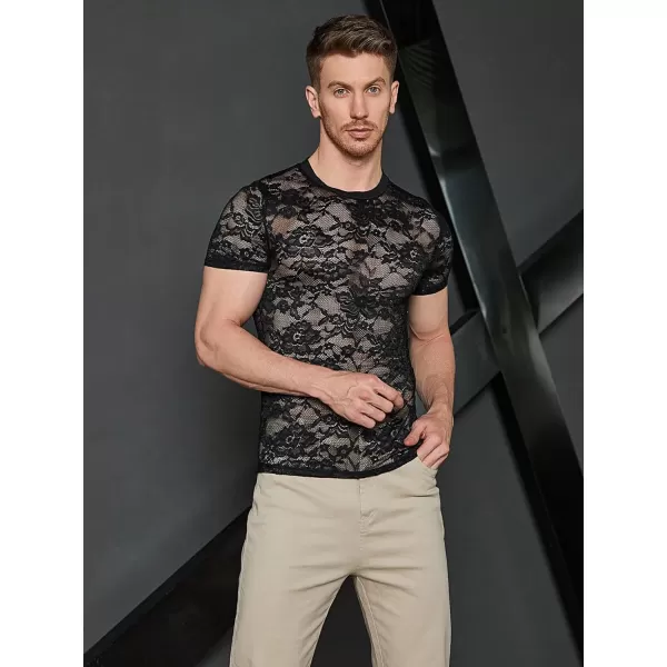 WDIRARA Men's Floral Print See Through Round Neck Short Sleeve Mesh Tshirt Party Top