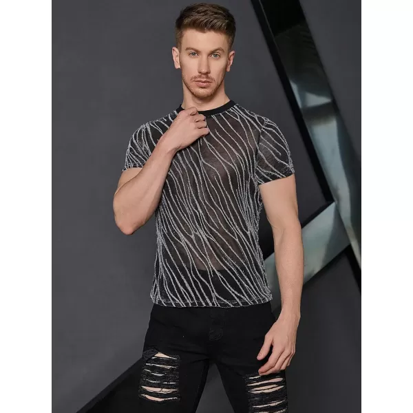 WDIRARA Men's Floral Print See Through Round Neck Short Sleeve Mesh Tshirt Party Top