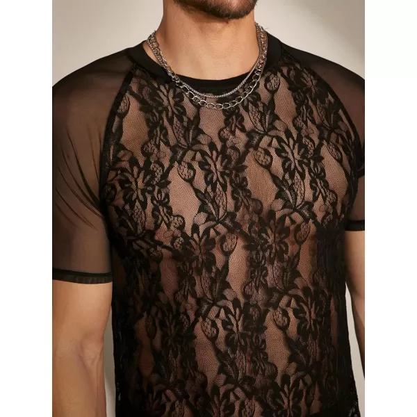WDIRARA Men's Floral Print See Through Round Neck Short Sleeve Mesh Tshirt Party Top