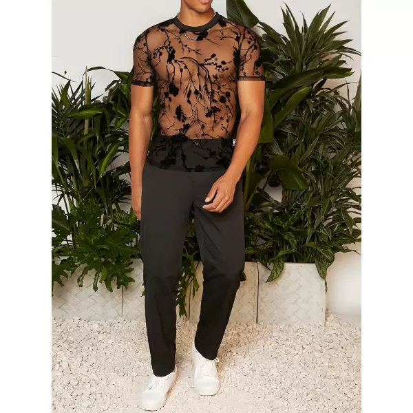 WDIRARA Men's Floral Print See Through Round Neck Short Sleeve Mesh Tshirt Party Top