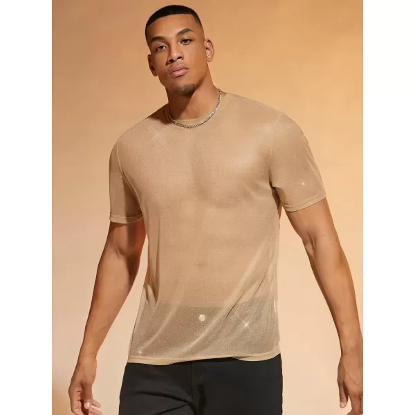WDIRARA Men's Floral Print See Through Round Neck Short Sleeve Mesh Tshirt Party Top