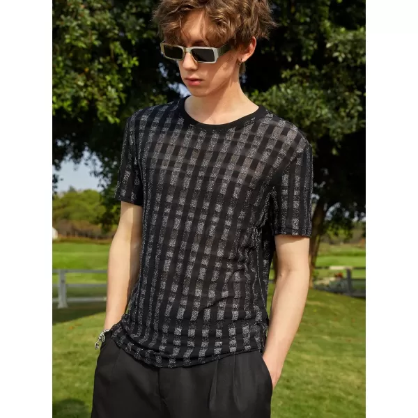 WDIRARA Men's Floral Print See Through Round Neck Short Sleeve Mesh Tshirt Party Top