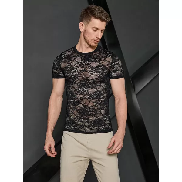 WDIRARA Men's Floral Print See Through Round Neck Short Sleeve Mesh Tshirt Party Top