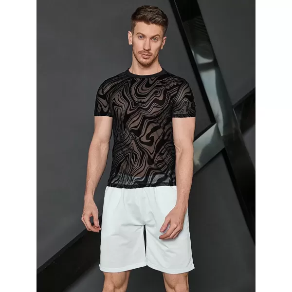 WDIRARA Men's Floral Print See Through Round Neck Short Sleeve Mesh Tshirt Party Top