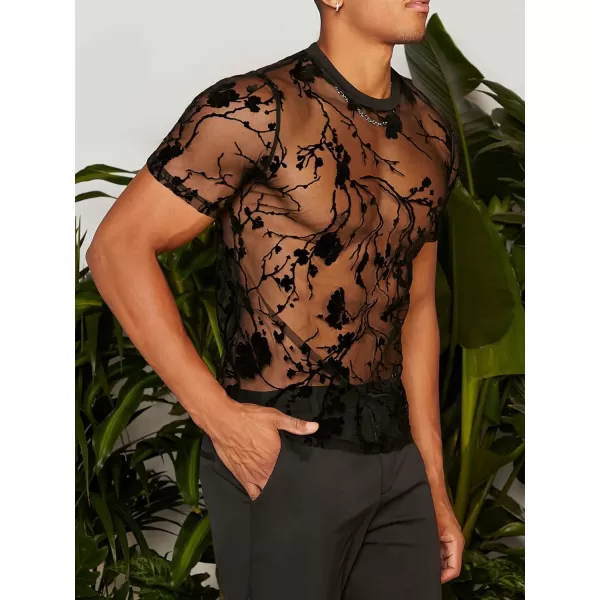 WDIRARA Men's Floral Print See Through Round Neck Short Sleeve Mesh Tshirt Party Top