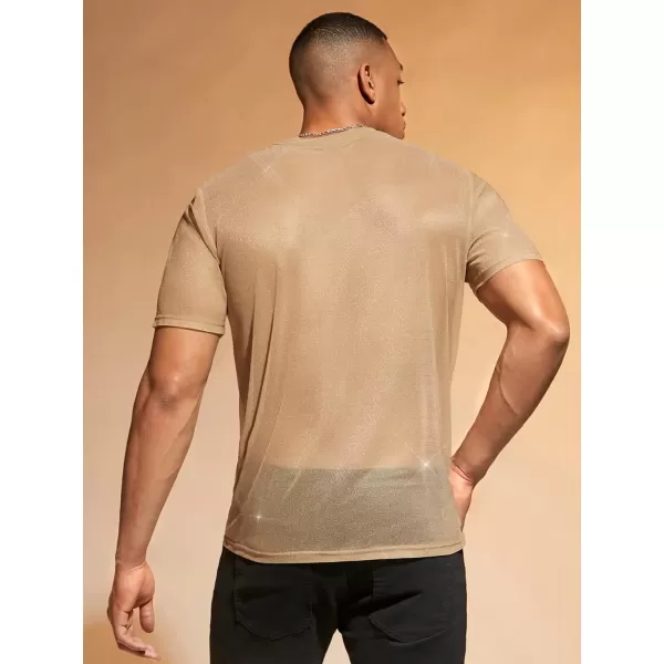 WDIRARA Men's Floral Print See Through Round Neck Short Sleeve Mesh Tshirt Party Top