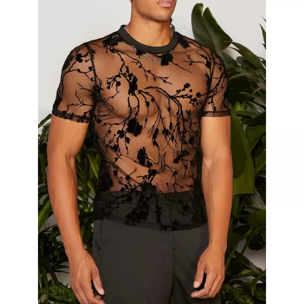 WDIRARA Men's Floral Print See Through Round Neck Short Sleeve Mesh Tshirt Party Top