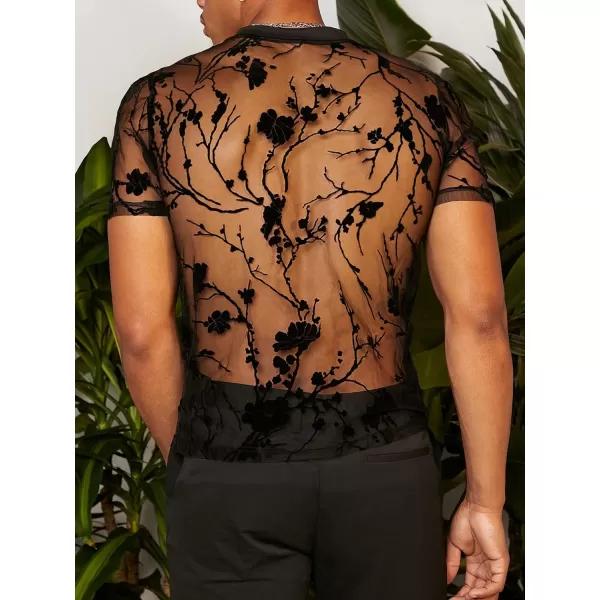 WDIRARA Men's Floral Print See Through Round Neck Short Sleeve Mesh Tshirt Party Top