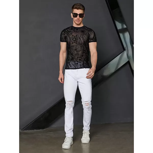 WDIRARA Men's Floral Print See Through Round Neck Short Sleeve Mesh Tshirt Party Top