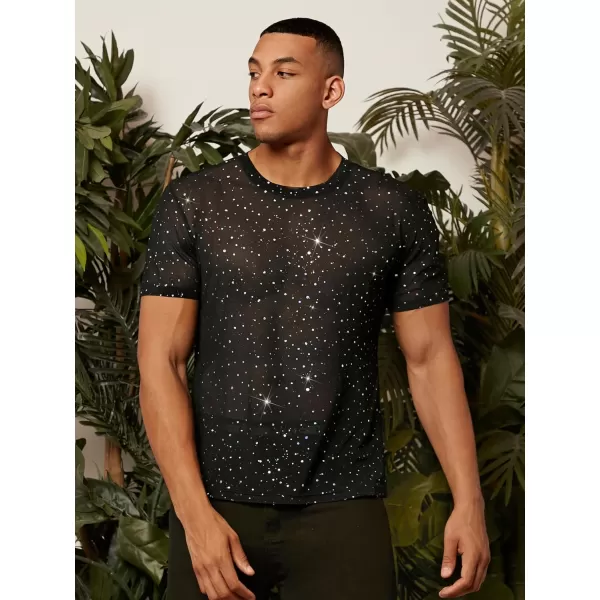 WDIRARA Men's Floral Print See Through Round Neck Short Sleeve Mesh Tshirt Party Top