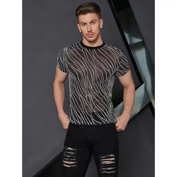 WDIRARA Men's Floral Print See Through Round Neck Short Sleeve Mesh Tshirt Party Top