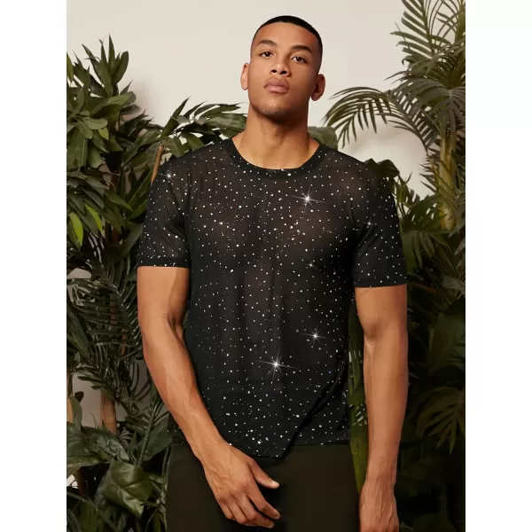 WDIRARA Men's Floral Print See Through Round Neck Short Sleeve Mesh Tshirt Party Top