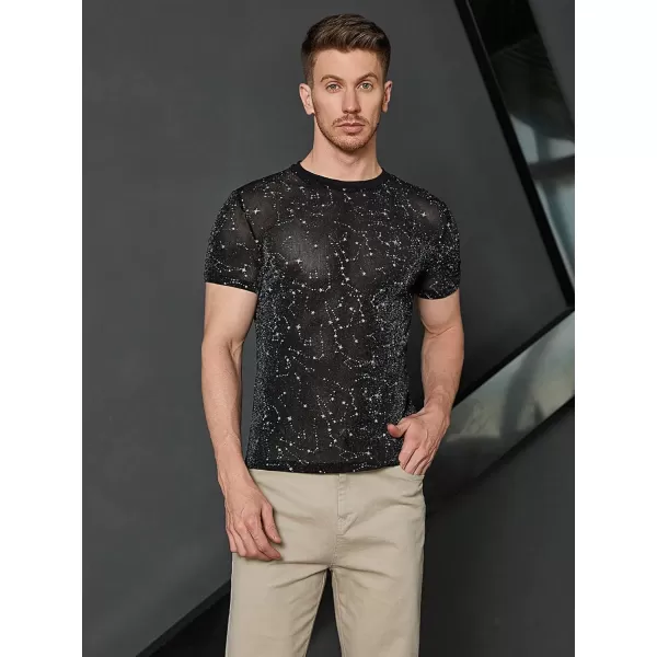 WDIRARA Men's Floral Print See Through Round Neck Short Sleeve Mesh Tshirt Party Top