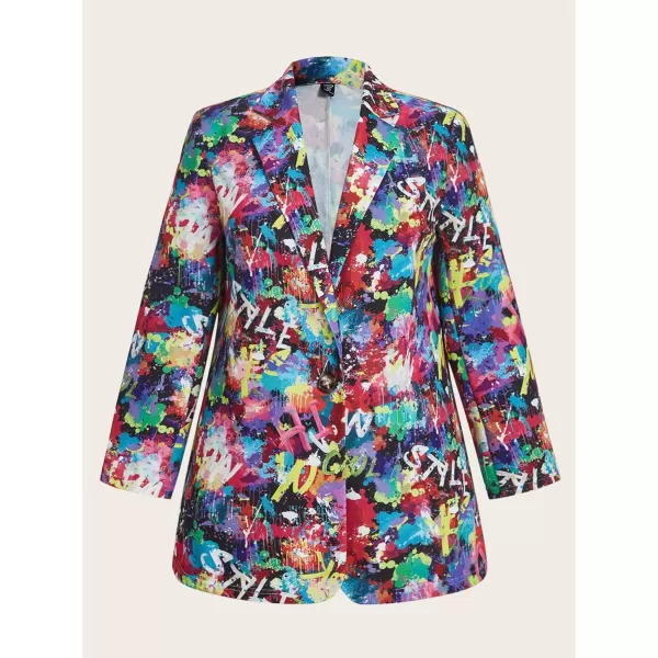 WDIRARA Women's Graphic Print Long Sleeve Single Button Front Open Front Blazer Stand Collar Jacket Waistcoat