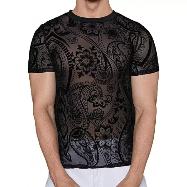 WDIRARA Men's Floral Print See Through Round Neck Short Sleeve Mesh Tshirt Party Top
