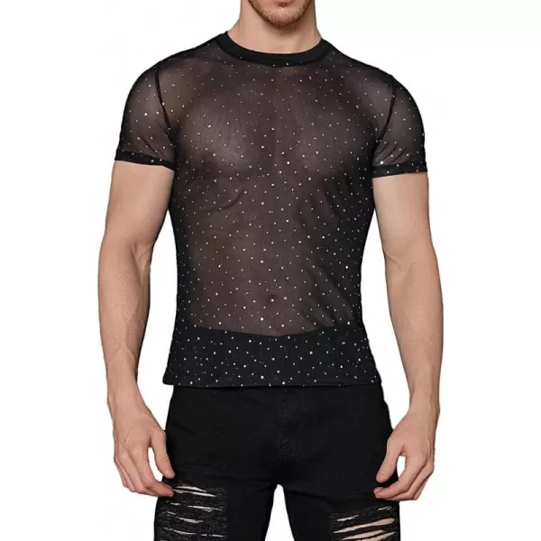 WDIRARA Men's Floral Print See Through Round Neck Short Sleeve Mesh Tshirt Party Top