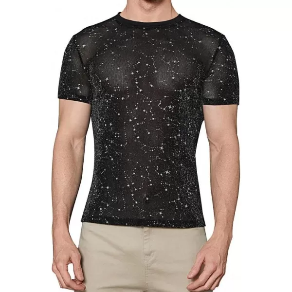 WDIRARA Men's Floral Print See Through Round Neck Short Sleeve Mesh Tshirt Party Top