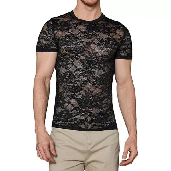 WDIRARA Men's Floral Print See Through Round Neck Short Sleeve Mesh Tshirt Party Top