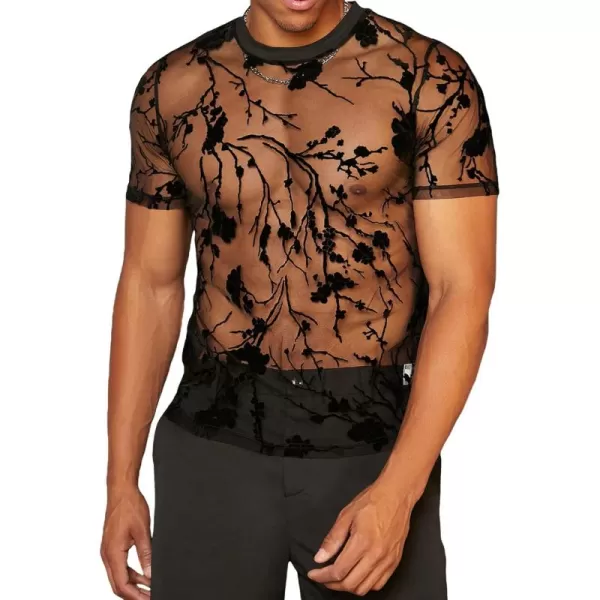 WDIRARA Men's Floral Print See Through Round Neck Short Sleeve Mesh Tshirt Party Top
